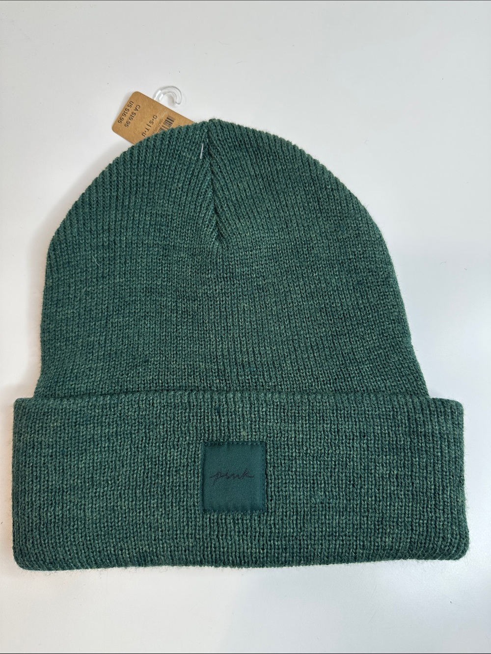 Pink Dark Green Knit Beanie - Women’s Winter Hat